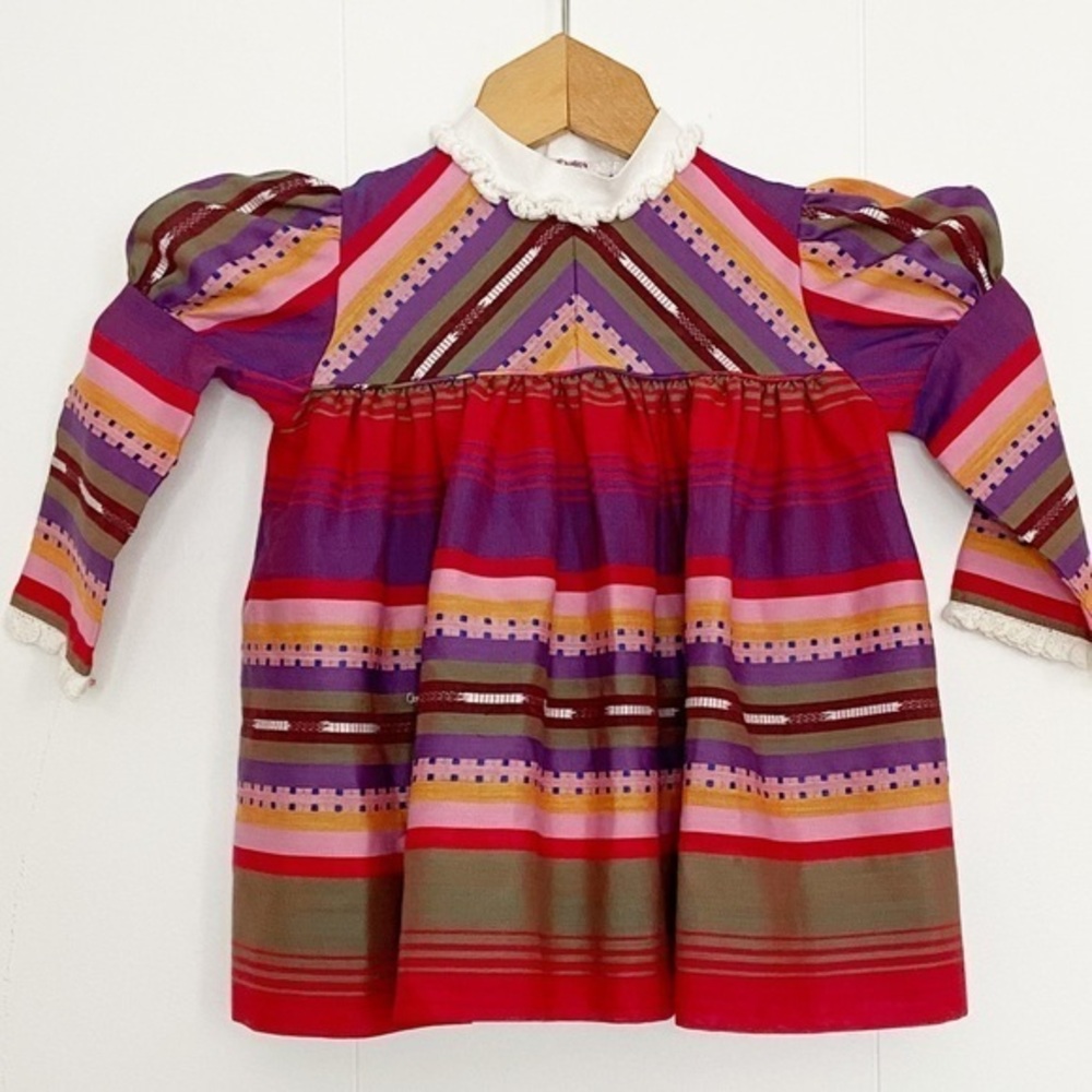 Vintage Nanette 1960’s 1970’s toddler‎ girl dress striped puff sleeve crochet 2T